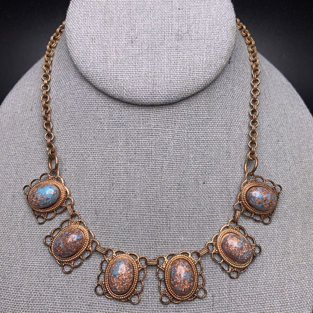Copper Bib Necklace Turquoise Tone Lucite Cabochon Sparkle Glitter Vintage